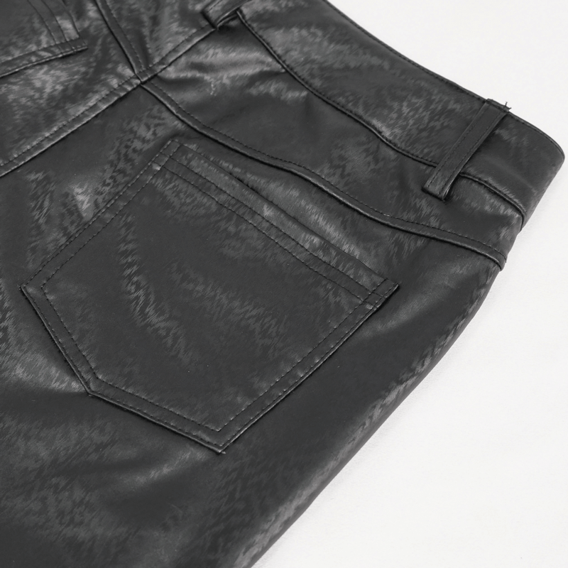 Close-up of gothic women's PU leather pants showing pocket detail and sleek texture, perfect for trendy outfits.