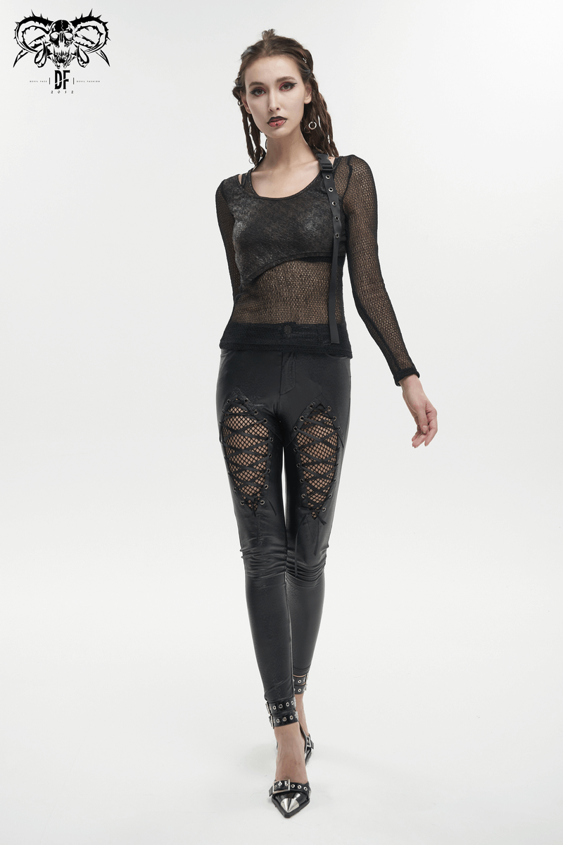 Gothic women's slim PU leather pants with mesh and lace-up front, styled with a sheer black top.