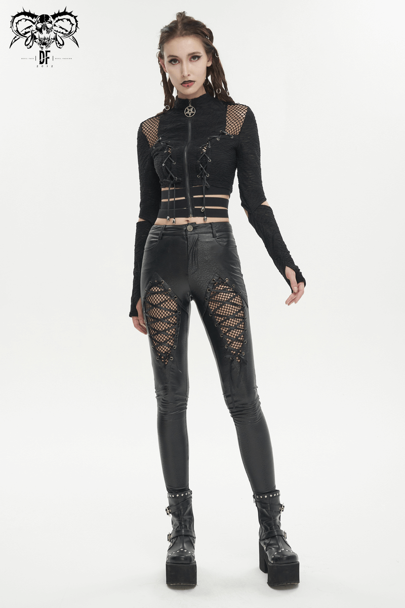Gothic women's slim PU leather pants with mesh and lace-up details, ideal for edgy fashion styles.