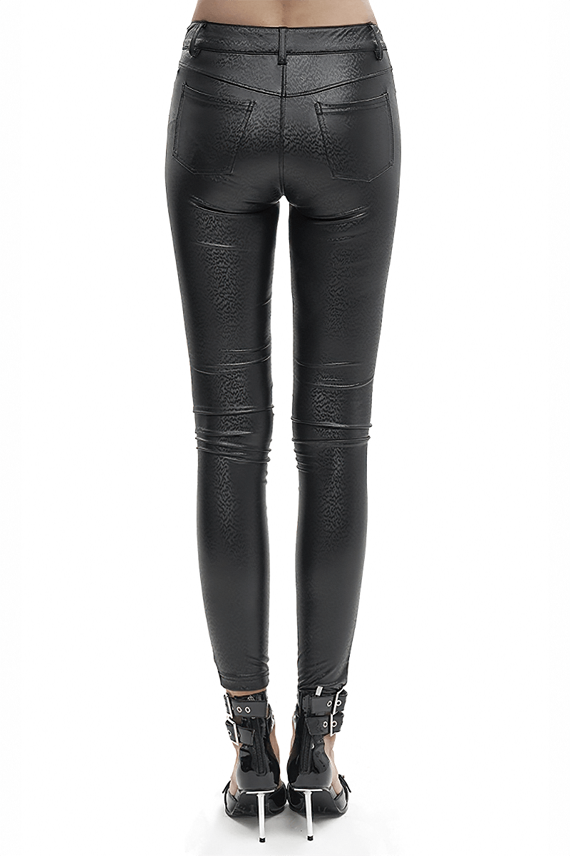 Gothic women's slim black PU leather pants with mesh inserts, lace-up front, showcased from the back view.