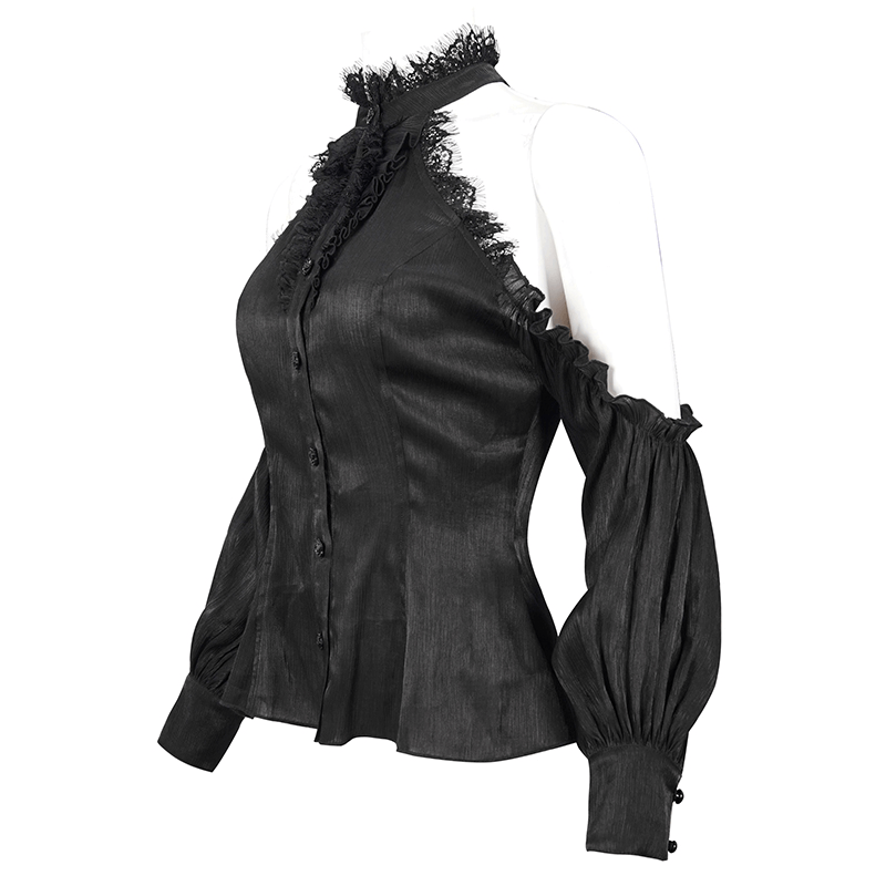 Gothic Women's Strappy Off Shoulder Lace Shirt / Black Sexy Ladies Fitted Waist Blouse