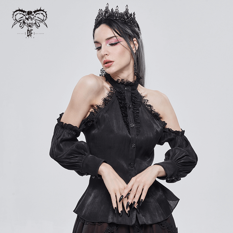 Gothic Women's Strappy Off Shoulder Lace Shirt / Black Sexy Ladies Fitted Waist Blouse