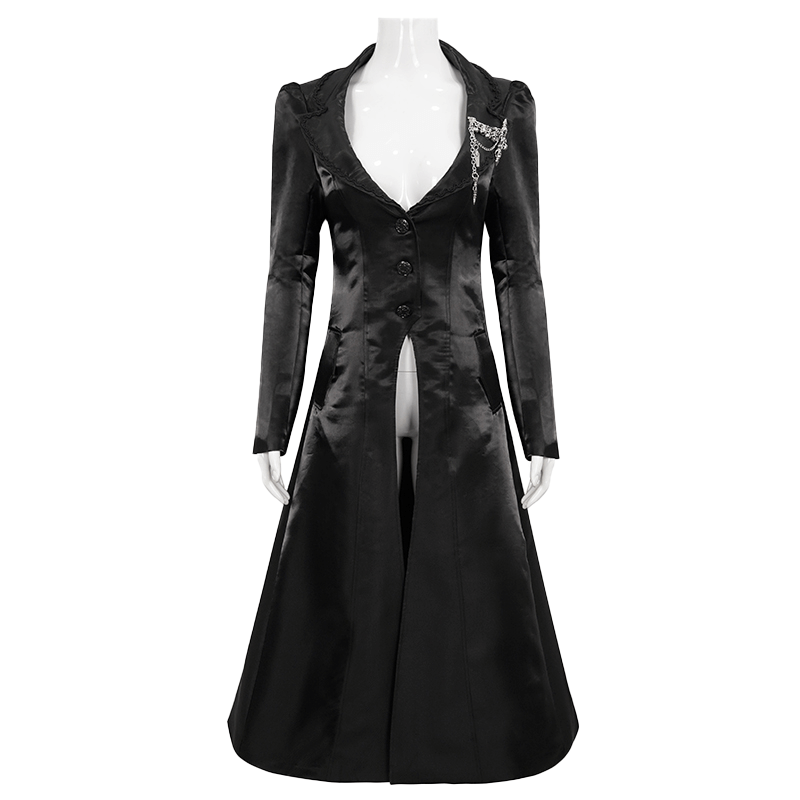 Gothic Women's Turn-down Collar Long Coat with Skull Breastpin / Female Black Coat with Buttons