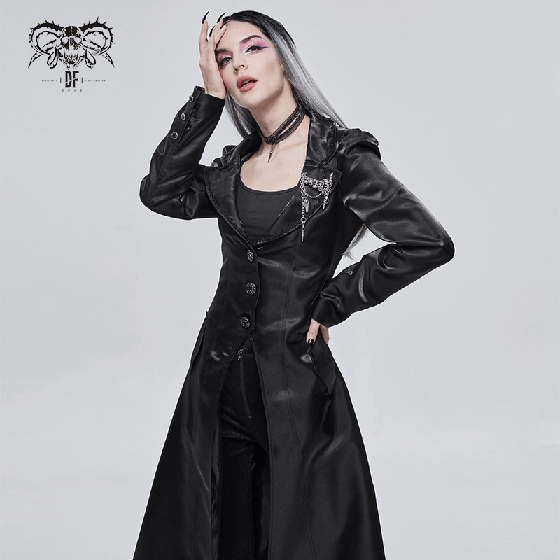 Gothic Women's Turn-down Collar Long Coat with Skull Breastpin / Female Black Coat with Buttons