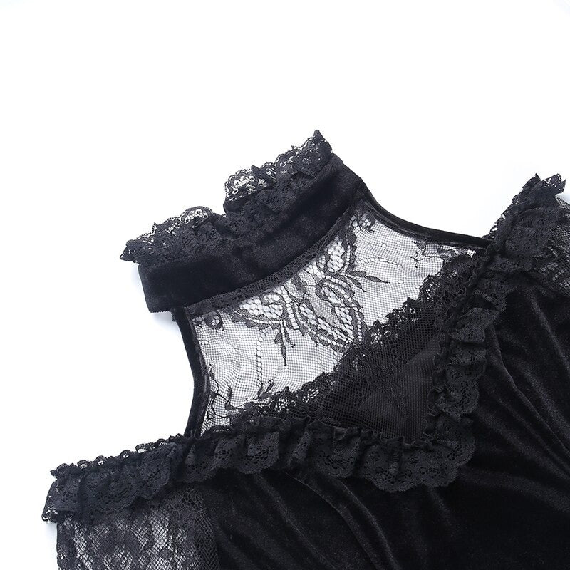 Gothic Women's Velvet Mesh Patchwork Halter Dress / Black Vintage Flare Sleeves Dress - HARD'N'HEAVY