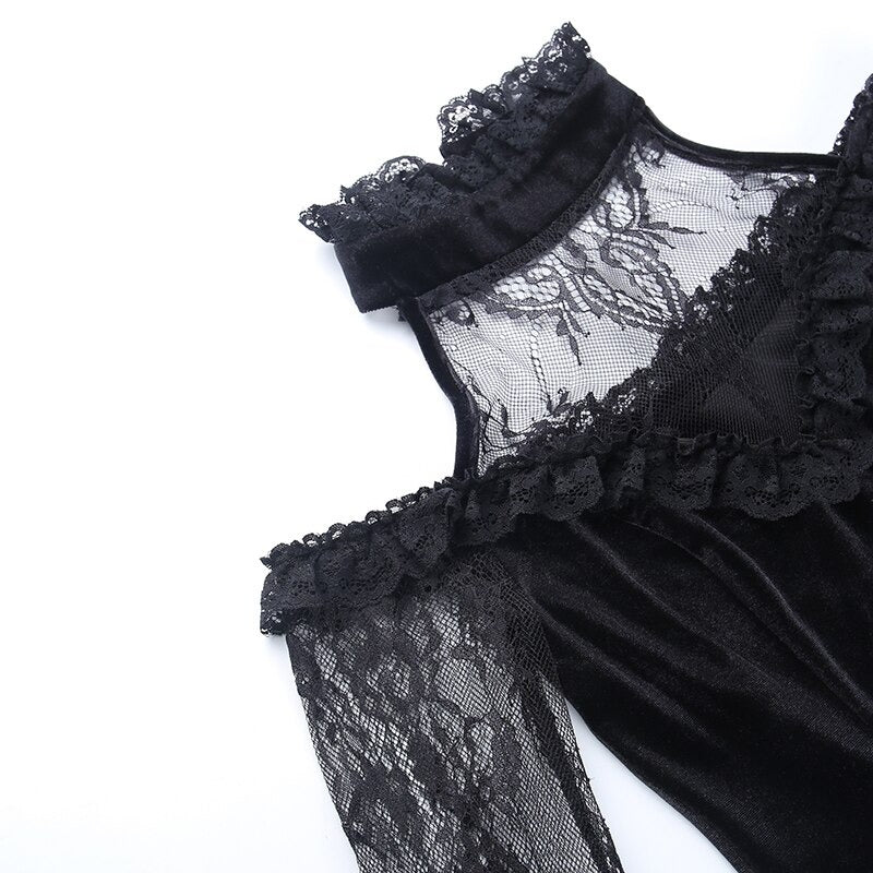 Gothic Women's Velvet Mesh Patchwork Halter Dress / Black Vintage Flare Sleeves Dress - HARD'N'HEAVY