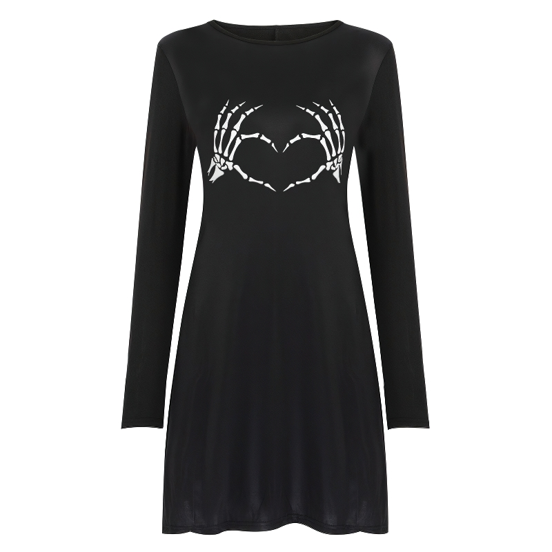 Gothic women's black dress featuring a skeleton hand heart print, perfect for a stylish casual look.