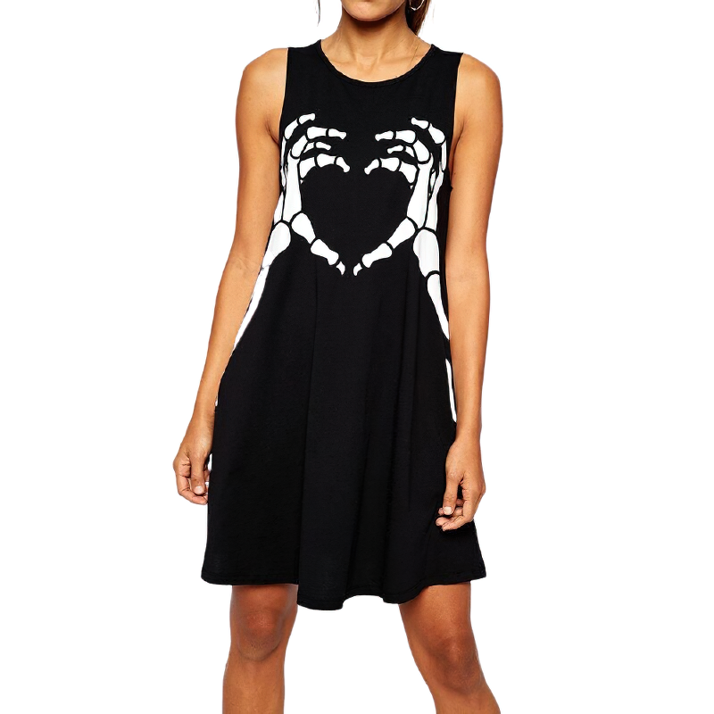 Gothic women's black dress with skeleton hand heart print, perfect for casual stylish looks.