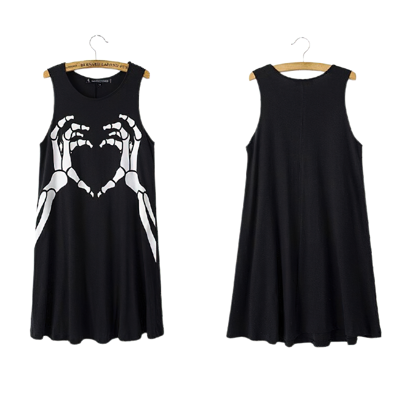 Gothic women's black dress featuring skeleton hands forming a heart, perfect for stylish casual wear.