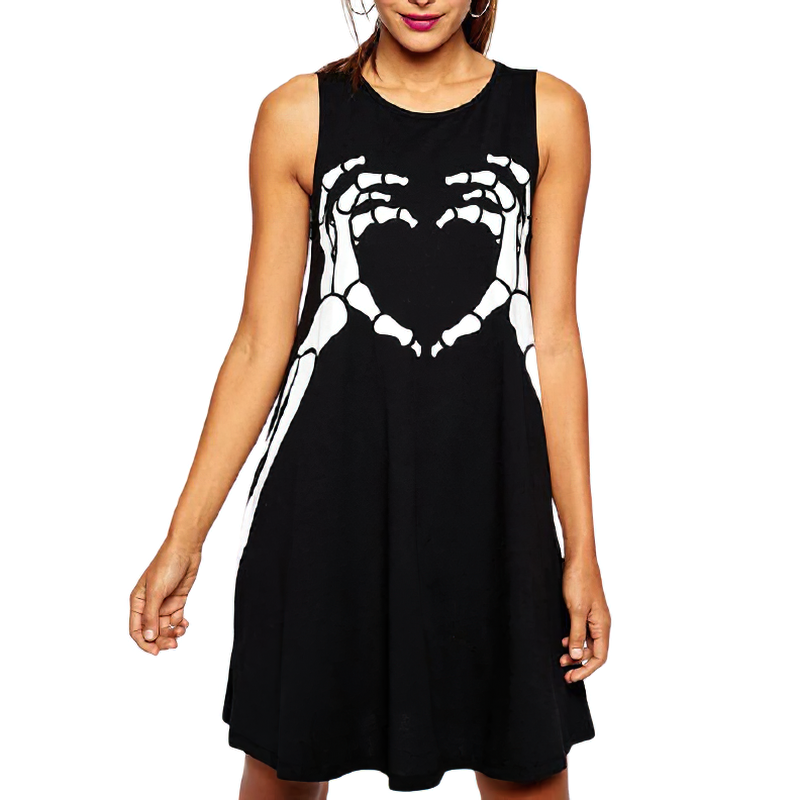 Gothic women's black dress with a skeleton hand print, perfect for casual stylish outfits.