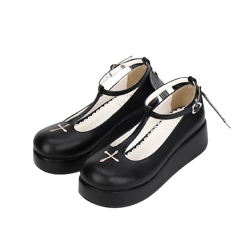 Gothic women's T-strap sandals with platform heel, stylish PU leather shoes featuring cross design.