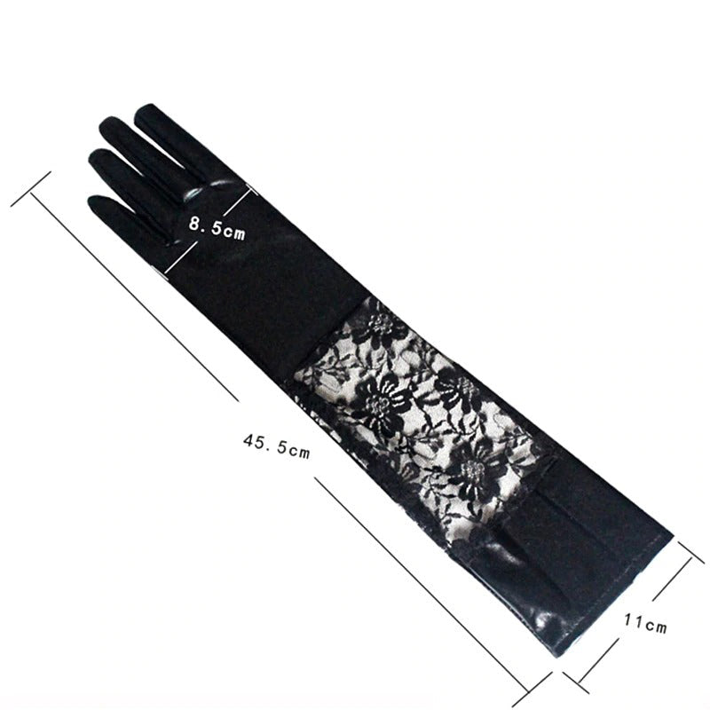 Gothic women long leather gloves with lace, perfect for alternative fashion and witchy accessories.