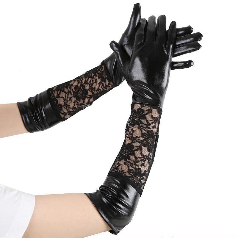Gothic women black leather long gloves with lace detail, perfect for alternative fashion and witchy vibes.