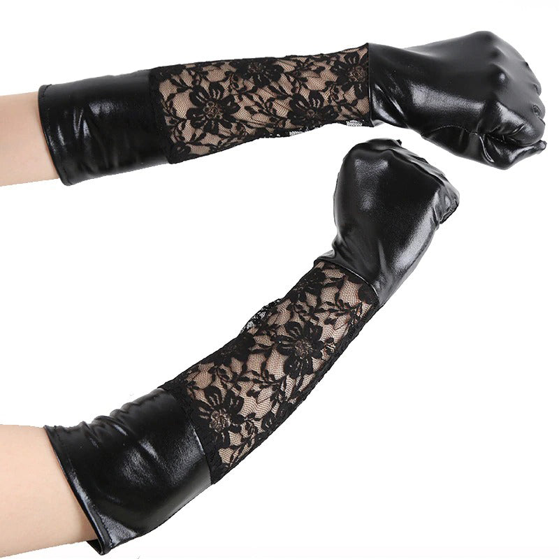 Gothic long leather gloves with lace, perfect for alternative fashion and witch accessories for parties and cosplay.
