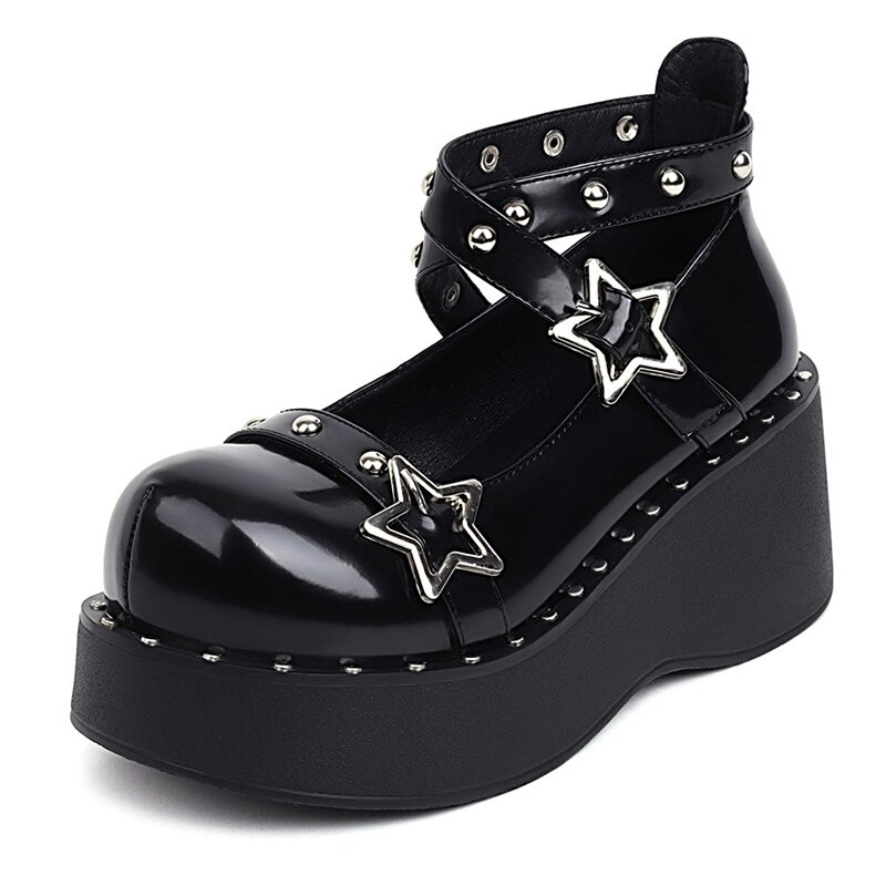 Gothic women wedges pumps with rivets and star details, high platform fashion shoes for autumn.