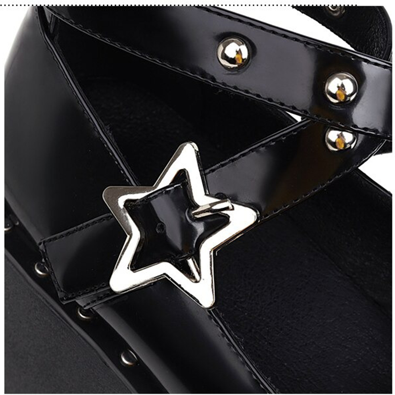 Close-up of Gothic women wedges with silver star detail and rivets, perfect for autumn fashion.