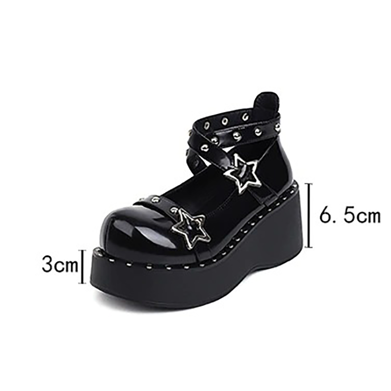 Gothic women wedges pumps with platform, silver rivets, and star details, perfect for autumn fashion.