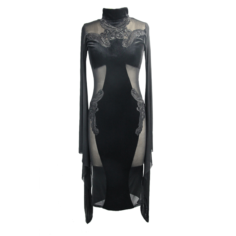 Gothic Women's Black Midi Dress / Elegant Velvet Dress with Transparent Sides & Flared Sleeves - HARD'N'HEAVY
