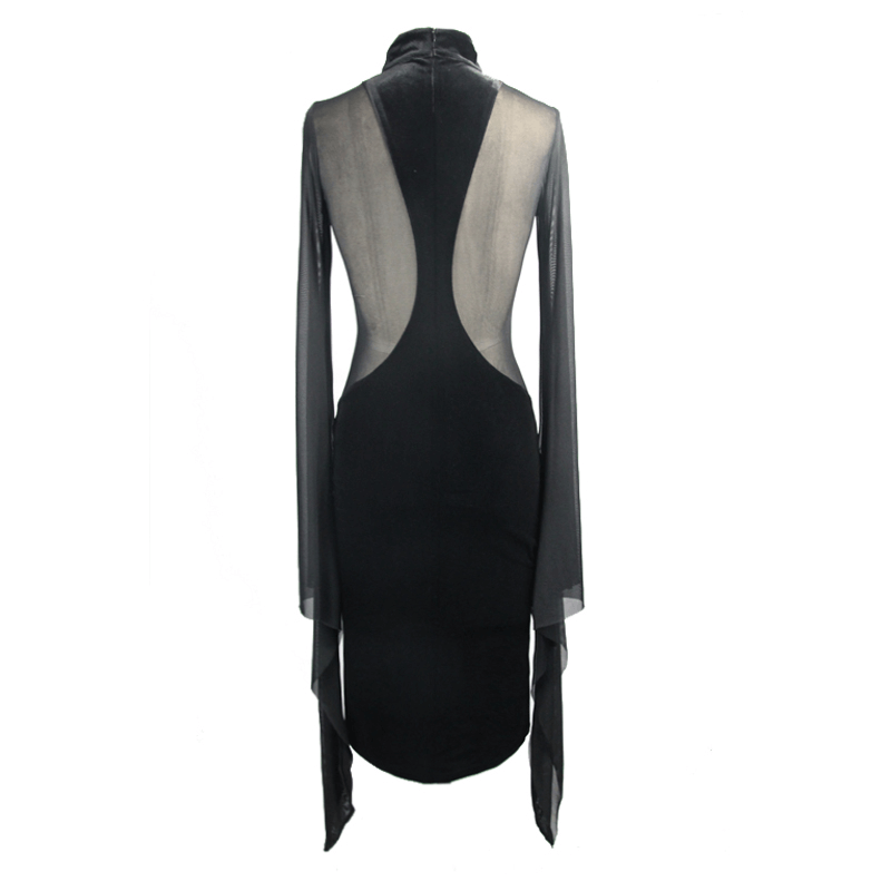 Gothic Women's Black Midi Dress / Elegant Velvet Dress with Transparent Sides & Flared Sleeves - HARD'N'HEAVY