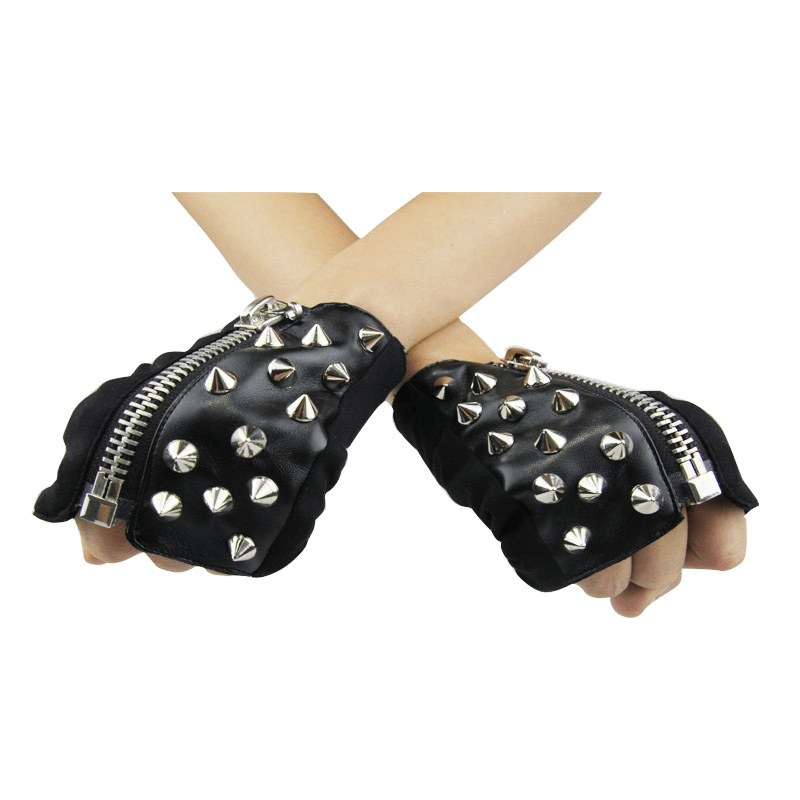 Punk rock women's black PU leather fingerless gloves with spikes and zippers for a stylish edgy look.