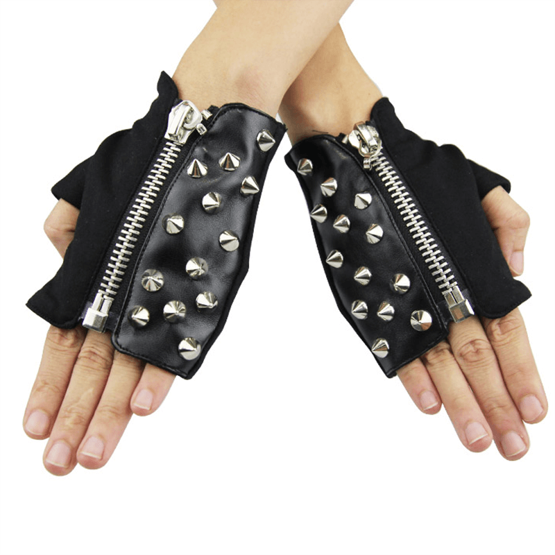 Gothic women's black PU leather fingerless gloves with silver spikes and zippers, perfect punk rock accessory.
