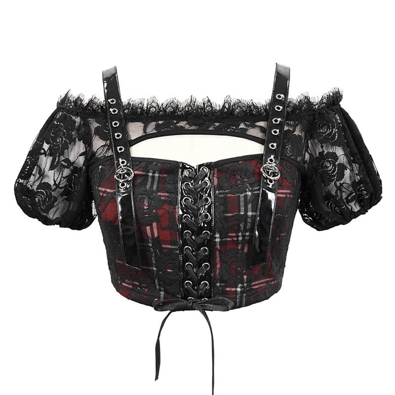 Gothic Women's Black & Red Plaid Crop Top / Stylish Lace Floral Pattern Short Sleeve Tops - HARD'N'HEAVY