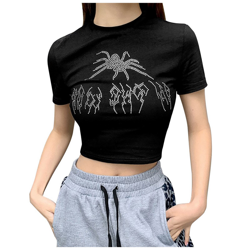 Gothic women's black short sleeve crop top with sequin spider print, perfect for edgy fashion lovers.