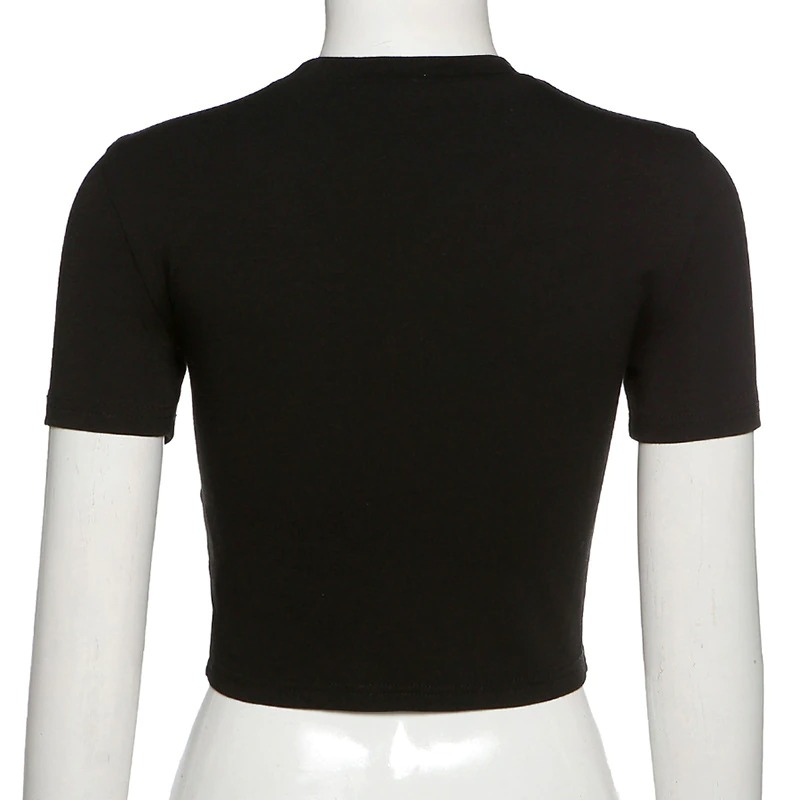 Back view of a Gothic women's black short sleeve crop top, perfect for trendy gothic fashion.