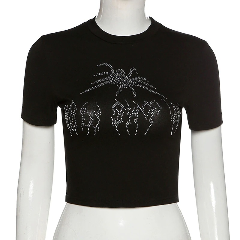 Gothic women's black cropped top with sequin spider print, perfect for a stylish edgy look.
