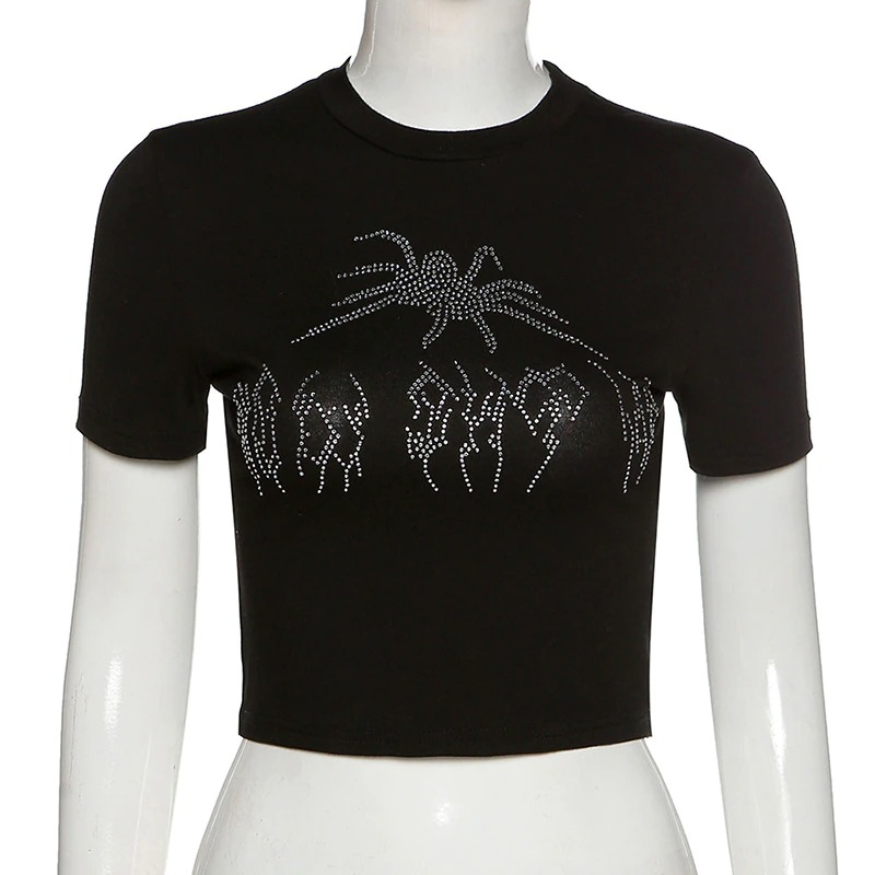 Gothic Women's Black Short Sleeve Top / Sexy Bodycon O neck Cropped T-shirts with Spider Print - HARD'N'HEAVY