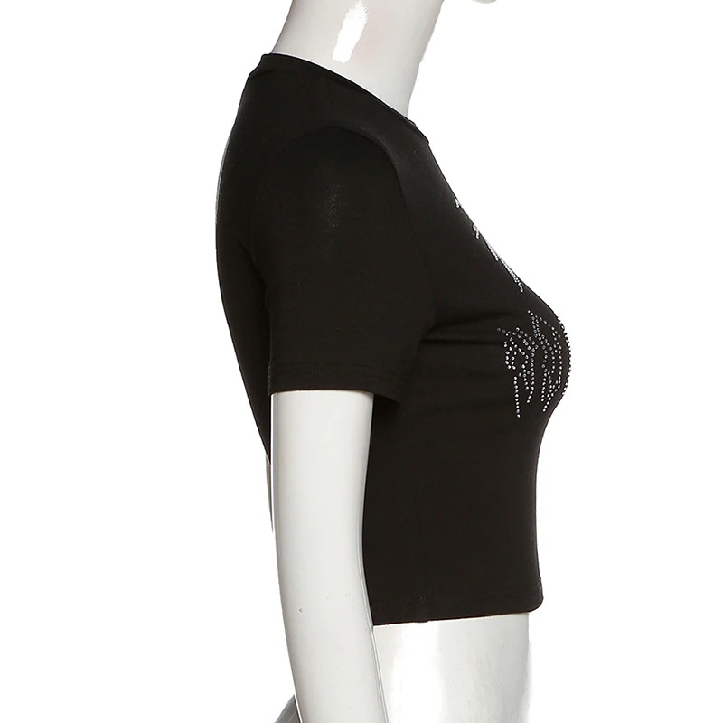 Gothic women's black short sleeve crop top with spider print in sequins, showcasing a stylish design for trendy outfits.