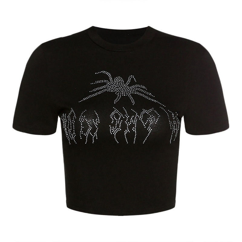 Gothic women's black cropped top with a sequin spider print, perfect for edgy fashion lovers.