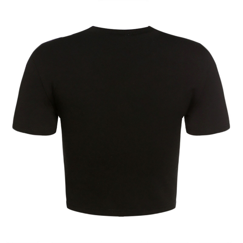Back view of a gothic women's black short sleeve cropped top, perfect for stylish outfits.