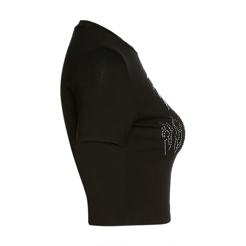 Gothic women's black short sleeve cropped top with spider print detail, stylish bodycon fit for fashion-forward looks.