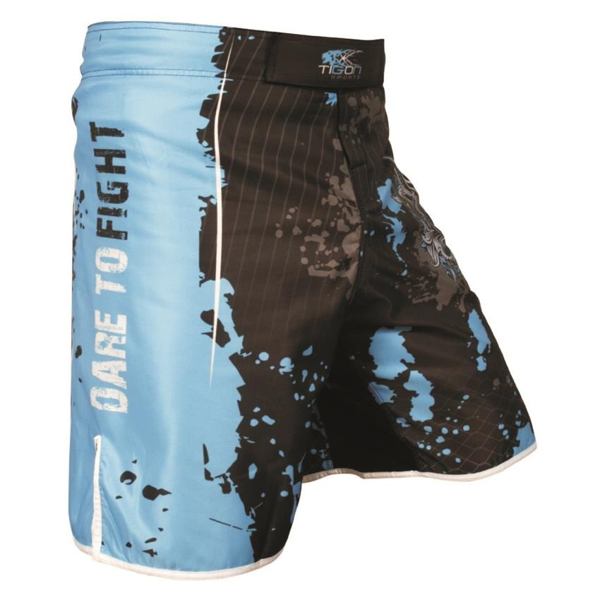 Men's boxing shorts in blue and black with skull print, designed for comfort and style during training.