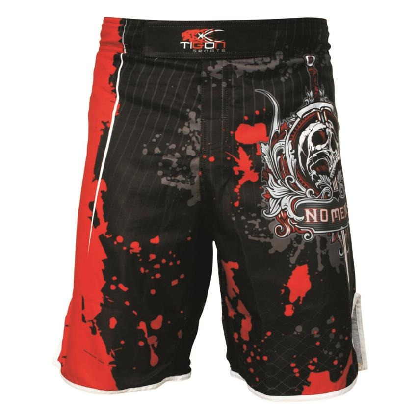 Men's skull boxing shorts in black and red with splash design, perfect for training and casual wear.