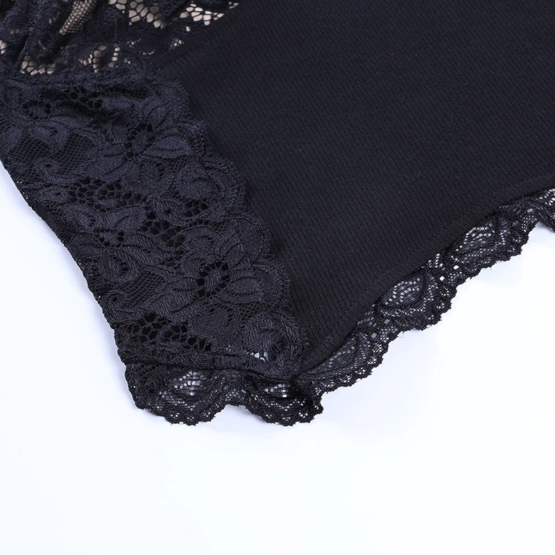 Gothic Women's Black Tank Top / Sexy Crop Lace Top with Floral Pattern - HARD'N'HEAVY