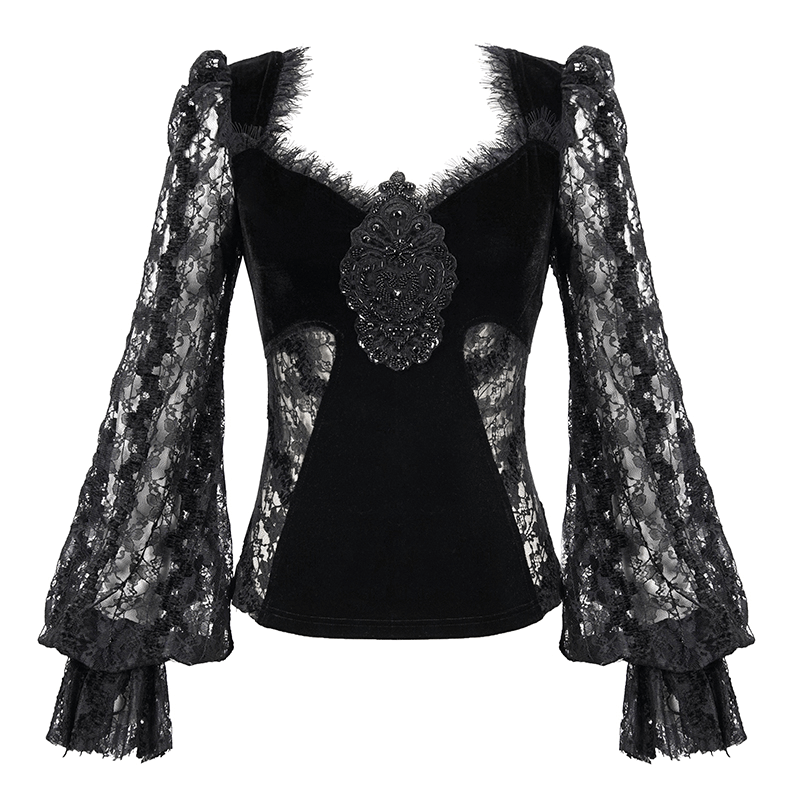 Gothic Women's Black Velvet and Lace Top / Vintage Ladies Tops with Lace Ruched Sleeves - HARD'N'HEAVY