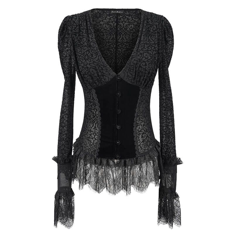 Gothic Women's Black Velvet Blouse / Stylish Seductive Deep V-Neckline & Lace Cuffs Shirt - HARD'N'HEAVY