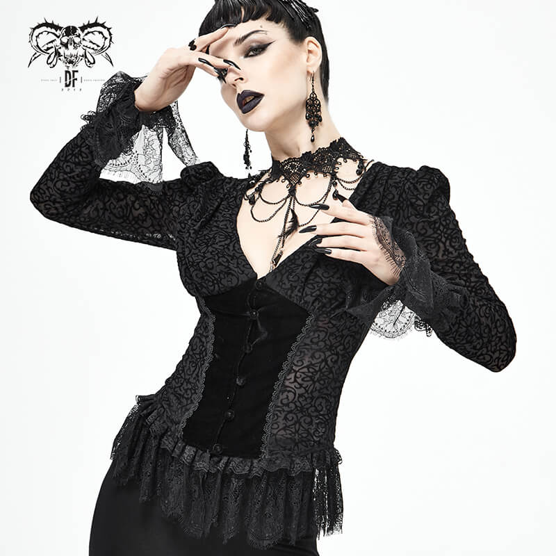 Gothic Women's Black Velvet Blouse / Stylish Seductive Deep V-Neckline & Lace Cuffs Shirt - HARD'N'HEAVY