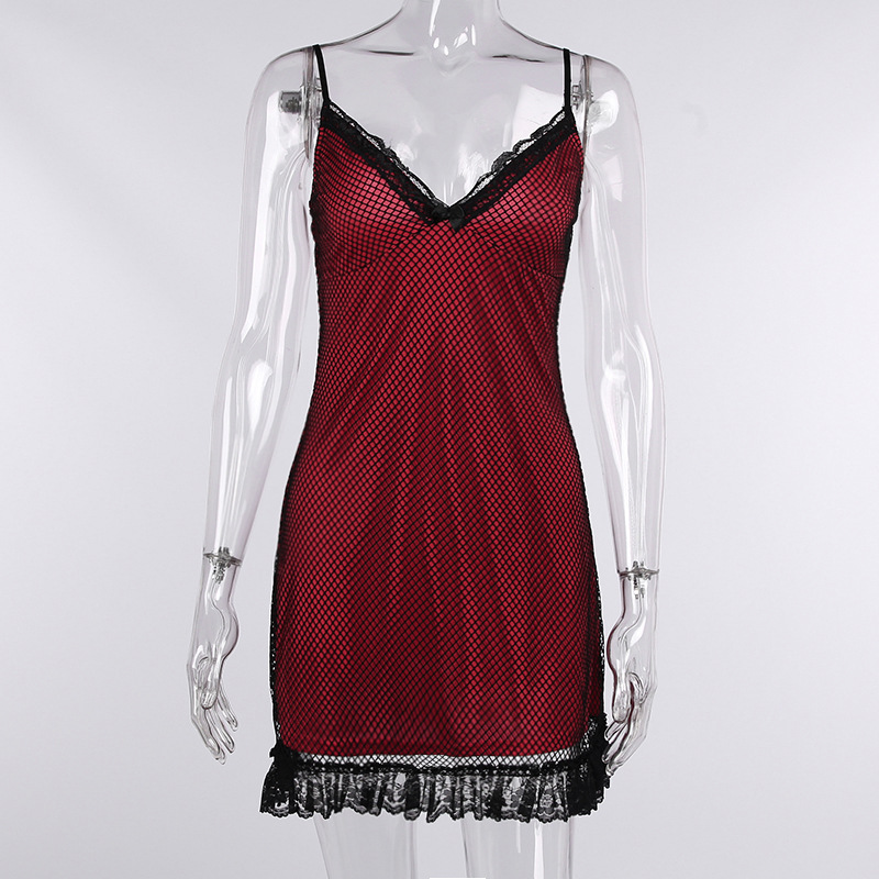 Gothic Women's Burgundy Dress with Lace Elements / Sexy V-neck Mini Dress - HARD'N'HEAVY