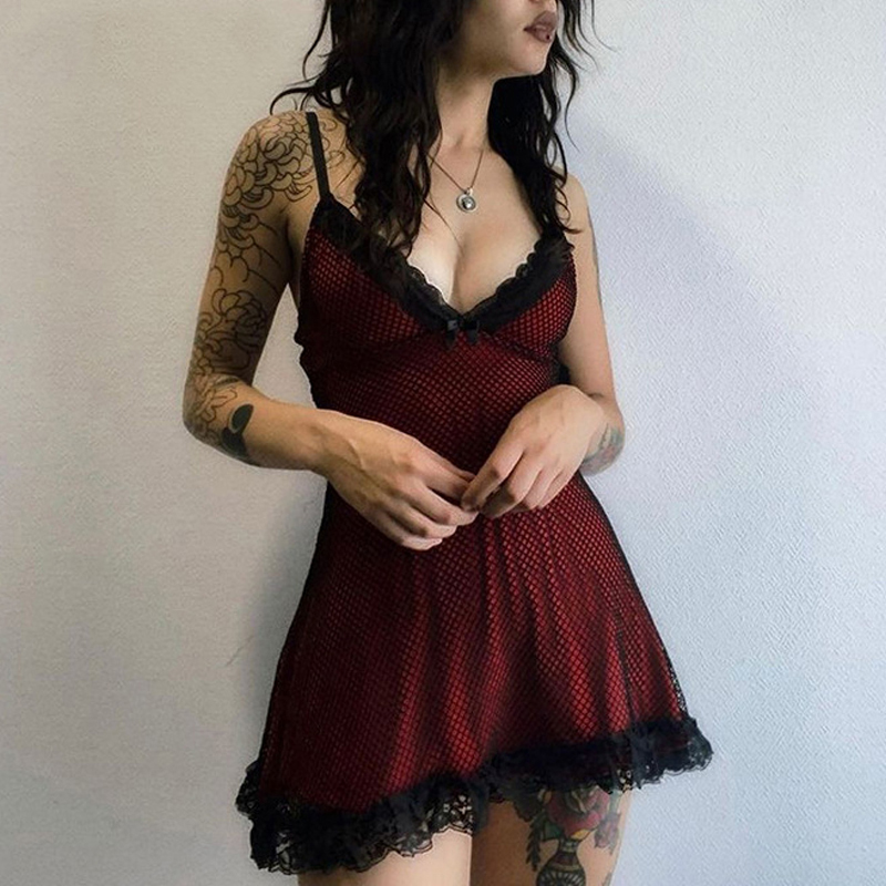 Gothic Women's Burgundy Dress with Lace Elements / Sexy V-neck Mini Dress - HARD'N'HEAVY