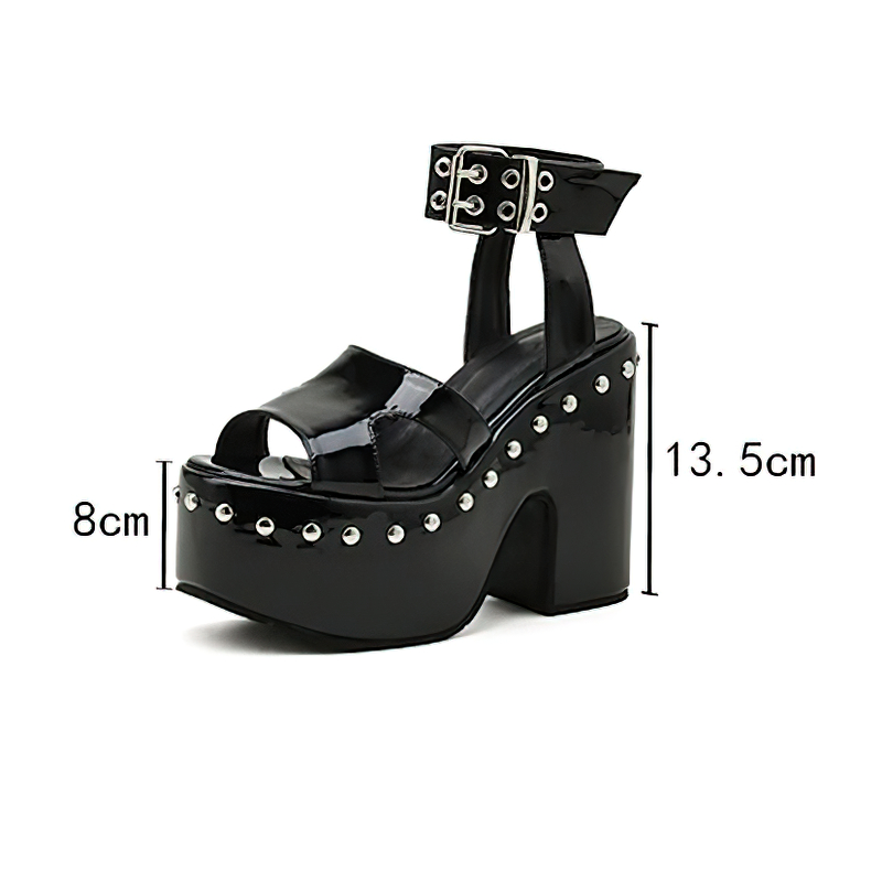 Gothic Women's Chunky High Heel Sandals with Ankle Buckle / Black Summer Platform Shoes - HARD'N'HEAVY