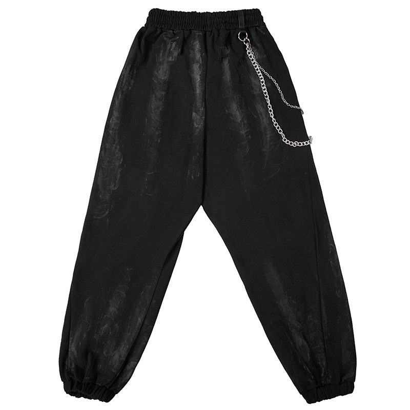 Gothic Women's Elastic Waist Black Cargo Pants / Loose Long Pants With Chain, Rivets and Loops - HARD'N'HEAVY
