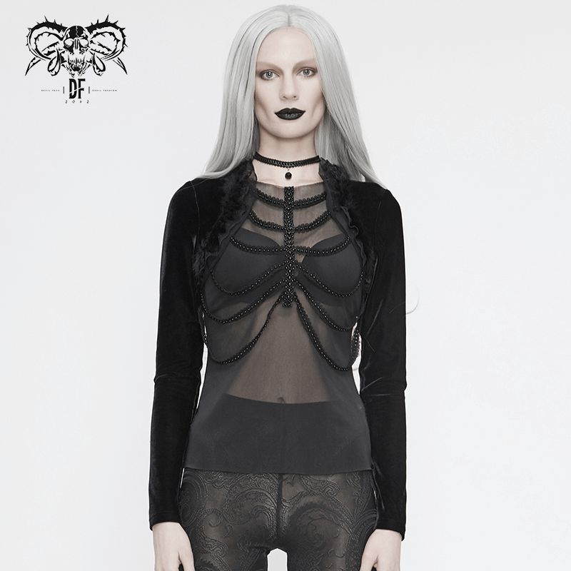 Gothic Women's Embroidery Beaded Top with Fake Shawl / Gorgeous Black Transparent Long Sleeve Tops - HARD'N'HEAVY