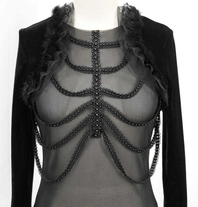 Gothic Women's Embroidery Beaded Top with Fake Shawl / Gorgeous Black Transparent Long Sleeve Tops - HARD'N'HEAVY