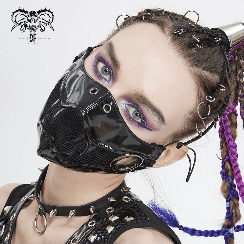 Gothic Women's Face Mask with Holographic Fang On Both Sides / Punk Black PU Leather and Net Mask - HARD'N'HEAVY
