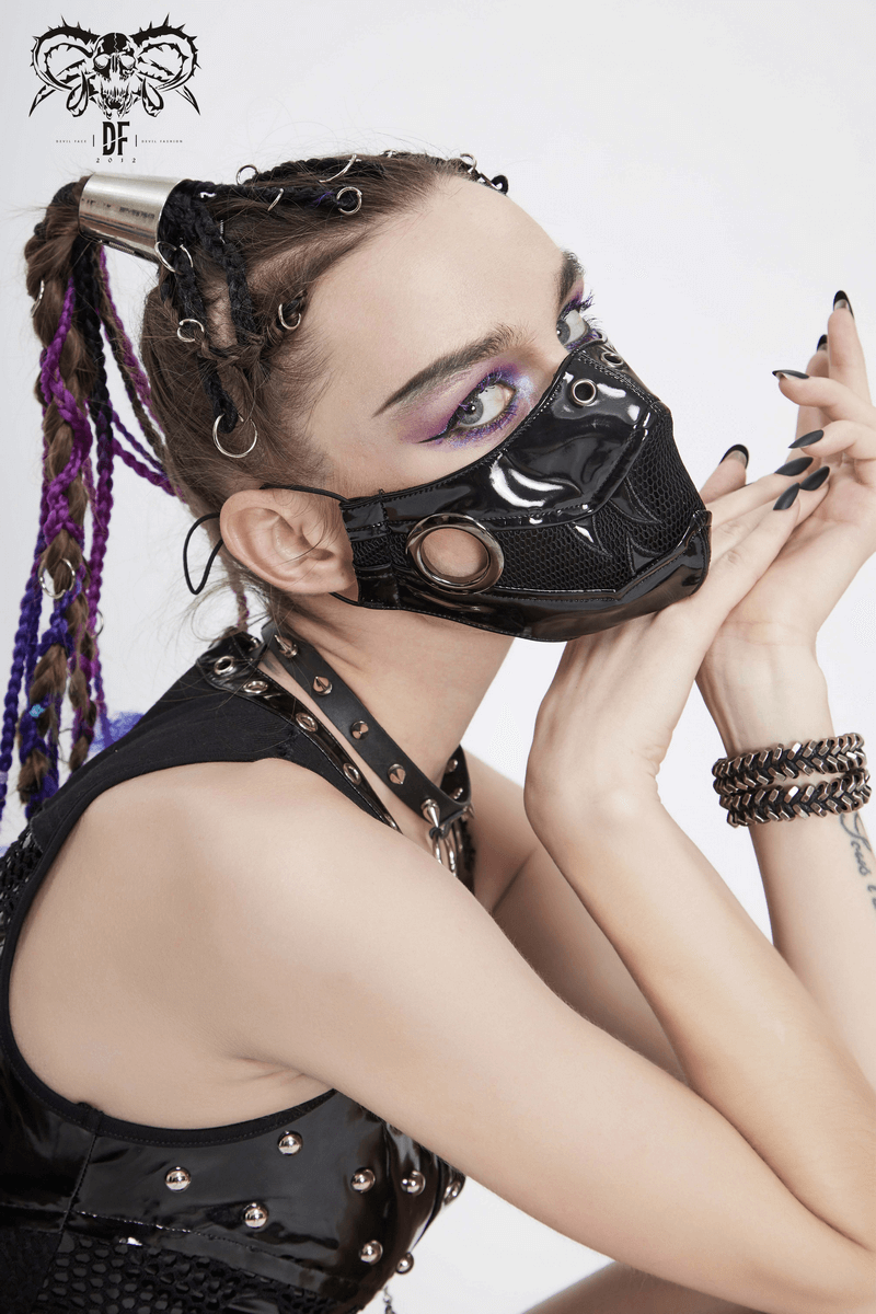 Gothic Women's Face Mask with Holographic Fang On Both Sides / Punk Black PU Leather and Net Mask - HARD'N'HEAVY