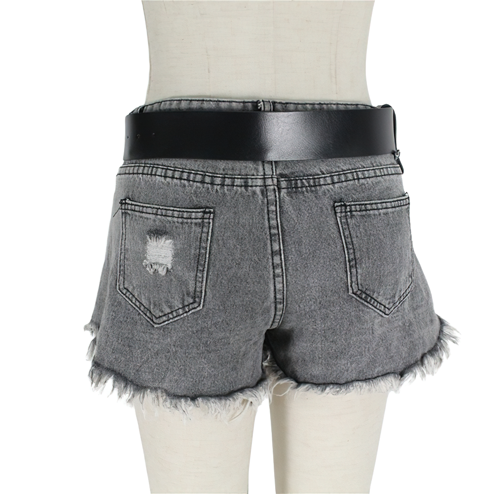 Back view of distressed gray denim shorts with a black faux leather belt, showcasing a stylish casual look.