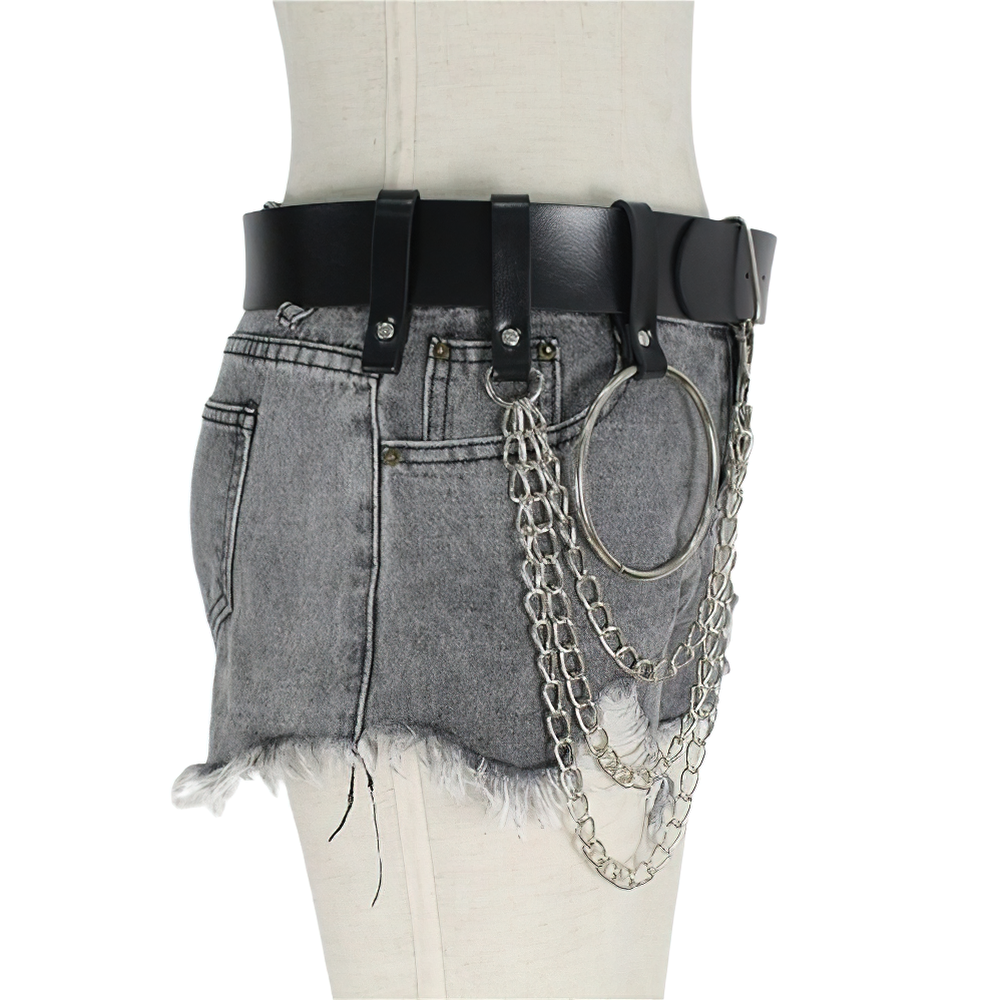 Gothic women's faux leather belt with metal chains, punk style waist straps, and modern edgy fashion for parties.